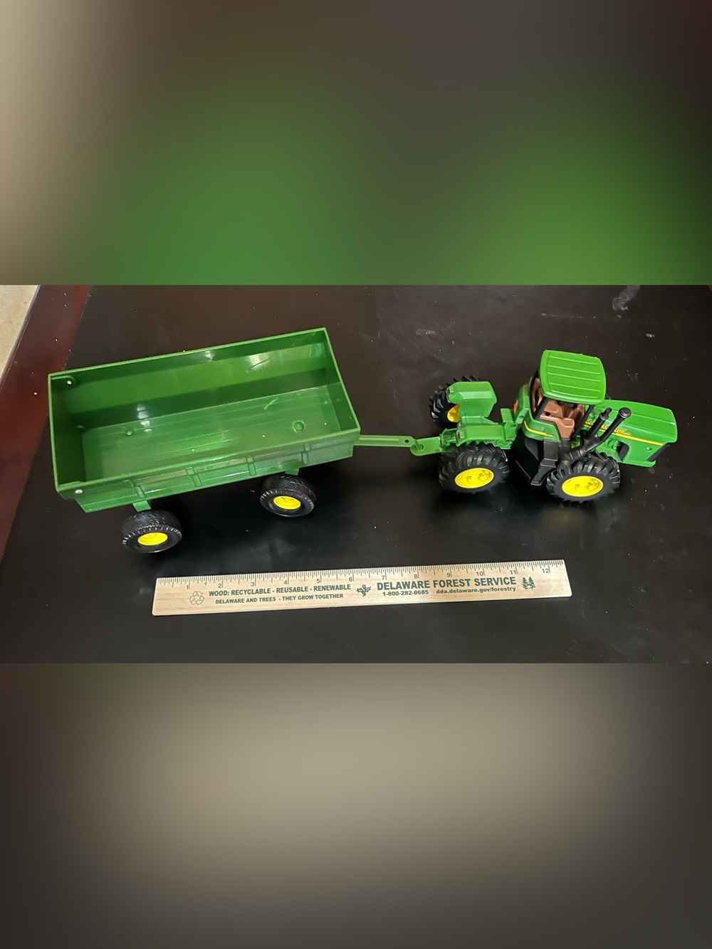 John Deere Green and Yellow Toy Tractor with Green Wagon